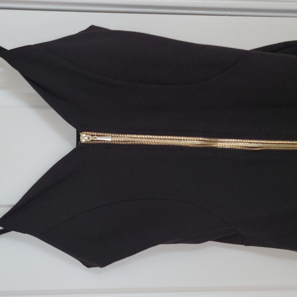 Stretchy Black Slim bodycon fitted Cocktail Dress w Gold Zipper Large - Picture 4 of 16
